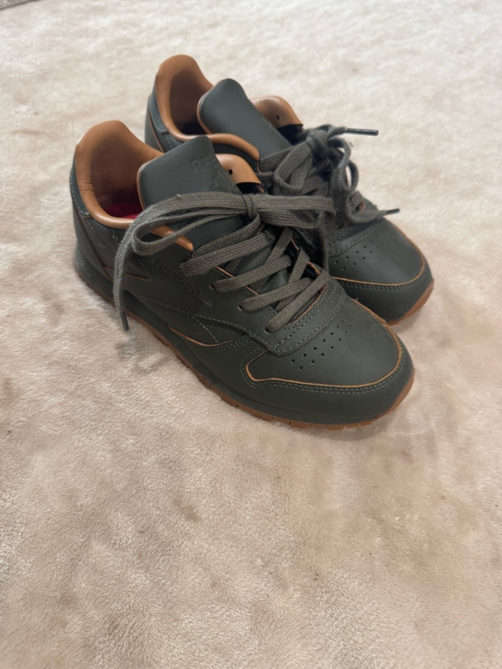 Reebok Olive Green Leather Sneakers with Tan Accents